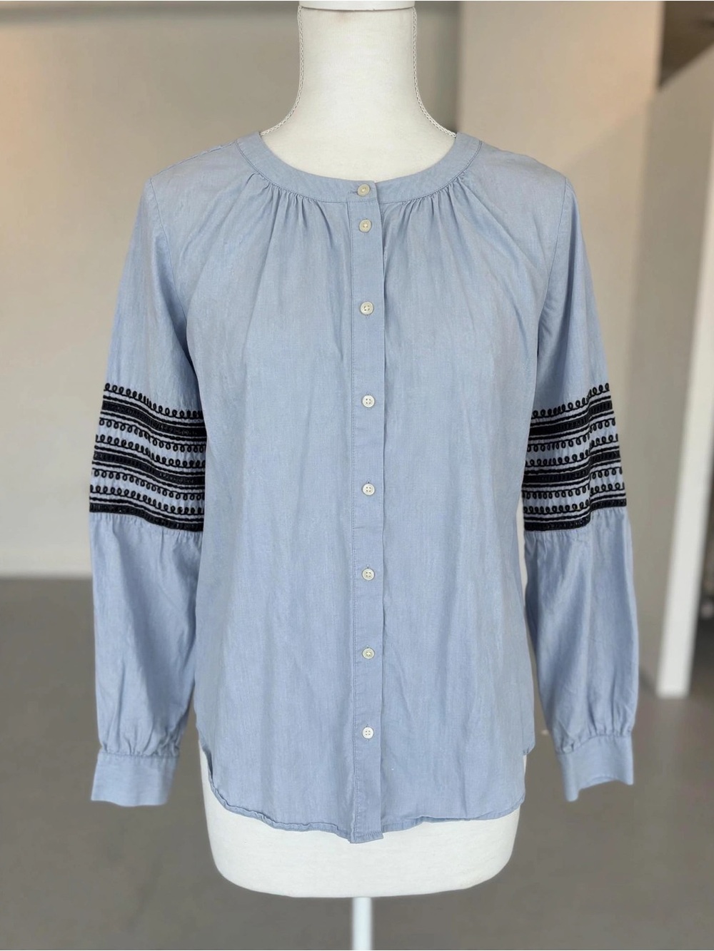 Ann Taylor Light Blue Button-Down Top with Black Sleeve Embroidery